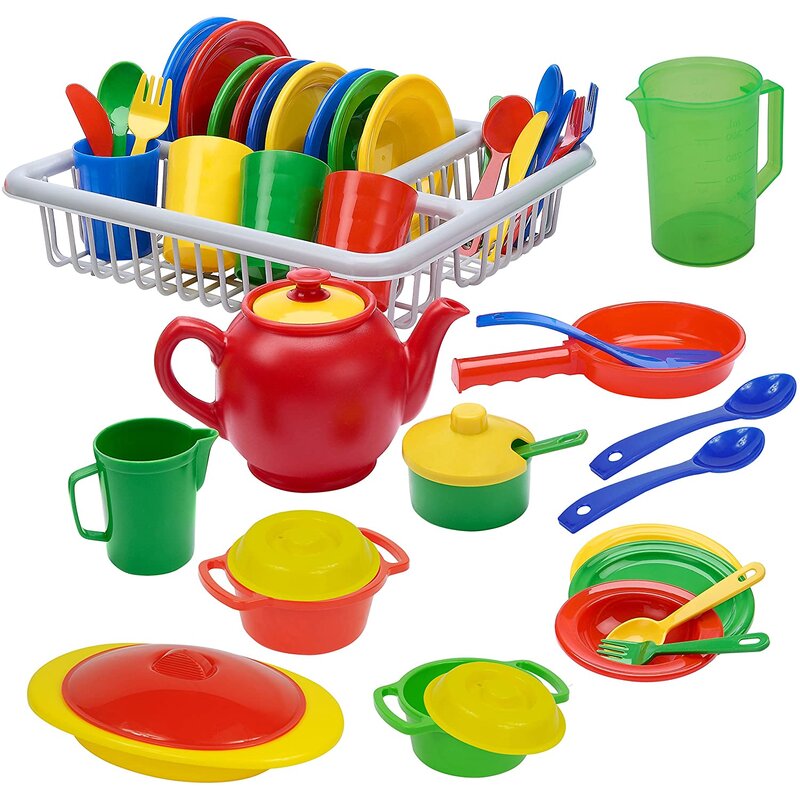 40 Piece Play Dishes Set Pretend Play Childrens Unbreakable Toy Dish Set And Cookware Accessories For Toddlers Kitchen%2C Durable Playset With Plates%2C Cutlery%2C Drainer%2C And More 